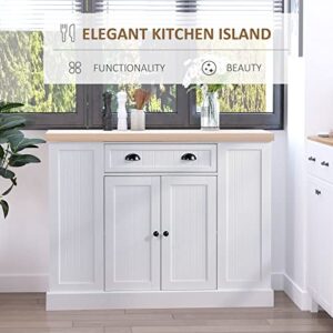 HOMCOM Fluted-Style Wooden Kitchen Island, Storage Cabinet w/Drawer, Open Shelving, and Interior Shelving for Dining Room, White