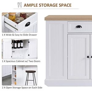 HOMCOM Fluted-Style Wooden Kitchen Island, Storage Cabinet w/Drawer, Open Shelving, and Interior Shelving for Dining Room, White