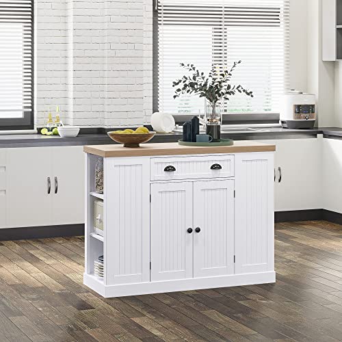 HOMCOM Fluted-Style Wooden Kitchen Island, Storage Cabinet w/Drawer, Open Shelving, and Interior Shelving for Dining Room, White