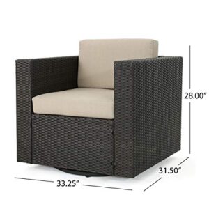 Christopher Knight Home Karen Outdoor 4 Seater Wicker Swivel Chair and Fire Pit Set, Dark Brown + Beige + Matte Black