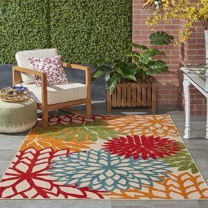 nourison aloha indoor/outdoor green 5’3″ x 7’5″ area-rug, tropical, botanical, easy-cleaning, non shedding, bed room, living room, dining room, deck, backyard, patio (5×7)