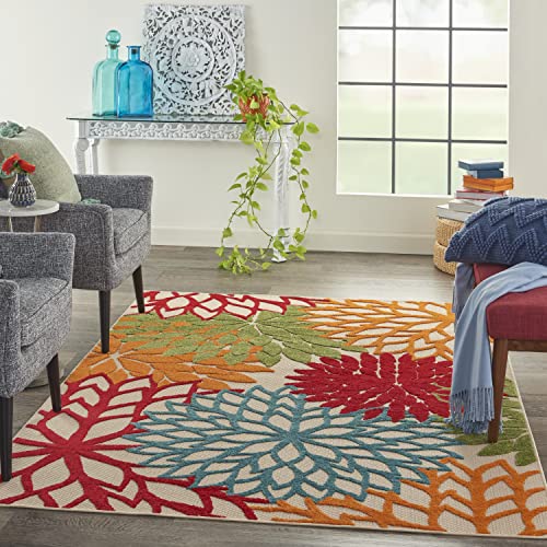 Nourison Aloha Indoor/Outdoor Green 5'3" x 7'5" Area-Rug, Tropical, Botanical, Easy-Cleaning, Non Shedding, Bed Room, Living Room, Dining Room, Deck, Backyard, Patio (5x7)