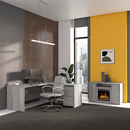 Bush Business Furniture Studio C Office Storage Cabinet with Doors and Electric Fireplace, 48W, Platinum Gray