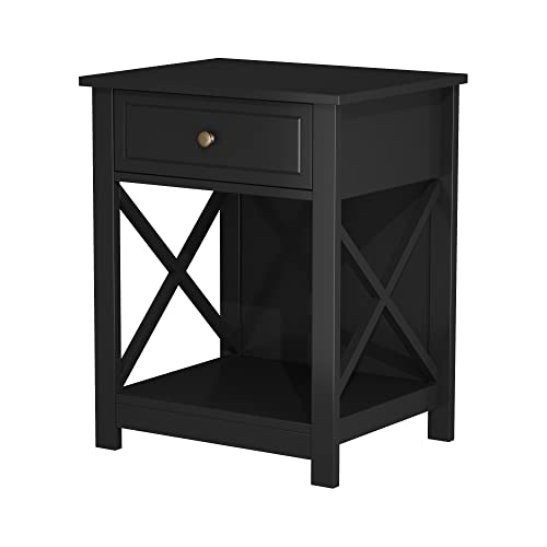 Treocho Black Nightstand X-Design, Modern Bedside Table with Drawer Storage Shelf, End Side Table for Bedroom