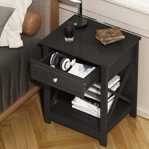 Treocho Black Nightstand X-Design, Modern Bedside Table with Drawer Storage Shelf, End Side Table for Bedroom