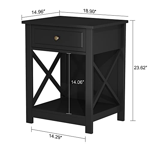 Treocho Black Nightstand X-Design, Modern Bedside Table with Drawer Storage Shelf, End Side Table for Bedroom