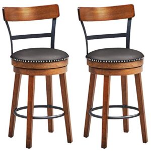 costway bar stools set of 2, 360-degree swivel stools with leather padded seat, single slat ladder back & solid rubber wood legs, counter height stools for pub, restaurant, kitchen, brown (2, 25.5)