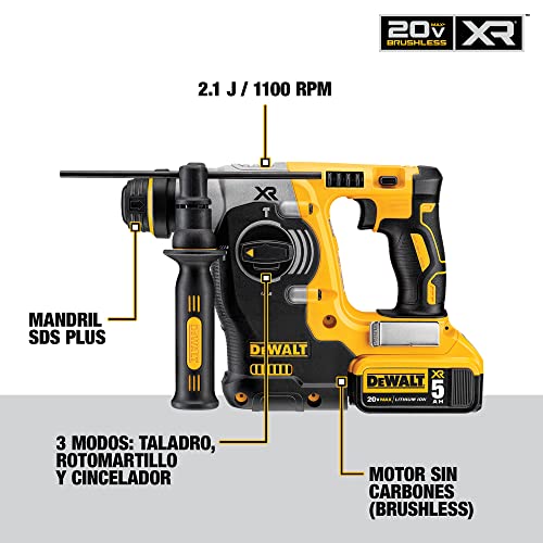 DEWALT 20V MAX Hammer Drill, 1" SDS Plus Rotary Hammer Drill, Cordless, 2.1 Joules of Impact Energy, 3 Application Modes, Bare Tool Only (DCH273B)