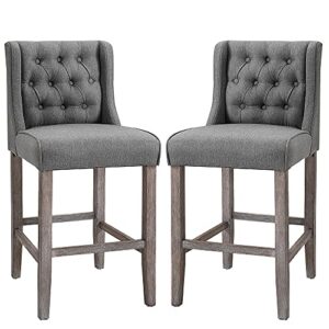 homcom 26.25″ counter height bar stools set of 2, tufted wingback armless upholstered dining chair with rubber wood legs, grey