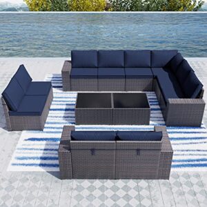 kullavik outdoor patio furniture set 12 pieces sectional rattan sofa set brown pe rattan wicker patio conversation set with 10 navy blue seat cushions and 2 tempered glass table