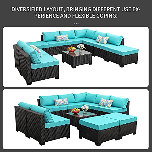 Rattaner 10 Pieces Patio Sectional Furniture Set Outdoor Wicker Conversation Sofa Couch with Turquoise Non-Slip Cushions Furniture Cover Black PE Rattan