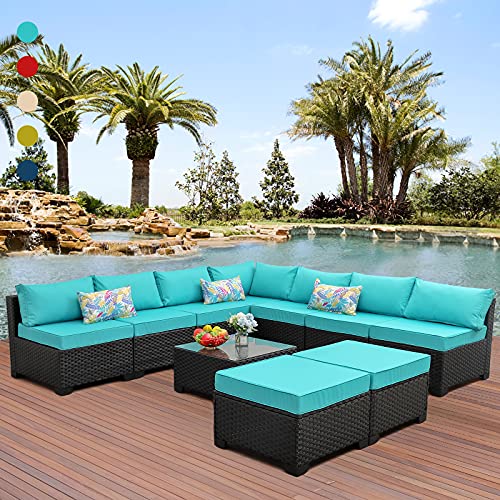 Rattaner 10 Pieces Patio Sectional Furniture Set Outdoor Wicker Conversation Sofa Couch with Turquoise Non-Slip Cushions Furniture Cover Black PE Rattan