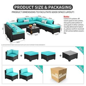Rattaner 10 Pieces Patio Sectional Furniture Set Outdoor Wicker Conversation Sofa Couch with Turquoise Non-Slip Cushions Furniture Cover Black PE Rattan