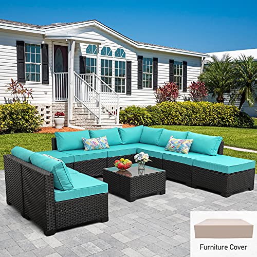 Rattaner 10 Pieces Patio Sectional Furniture Set Outdoor Wicker Conversation Sofa Couch with Turquoise Non-Slip Cushions Furniture Cover Black PE Rattan