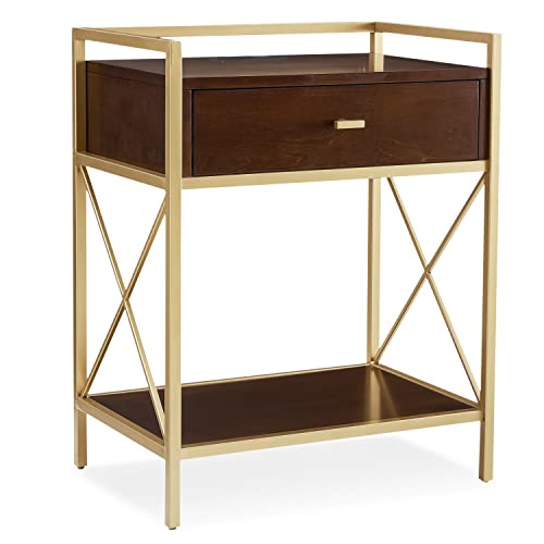 Leick Home Gold Metal and Wood Night Stand Nightstand, Walnut