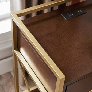 Leick Home Gold Metal and Wood Night Stand Nightstand, Walnut