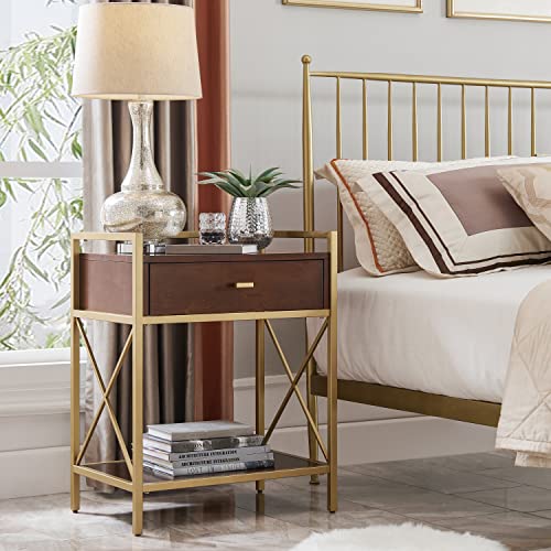 Leick Home Gold Metal and Wood Night Stand Nightstand, Walnut