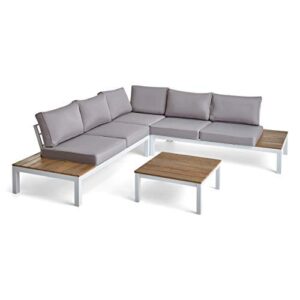gdfstudio leo outdoor aluminum and wood v-shaped sofa set with cushions, light gray and white