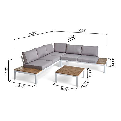 GDFStudio Leo Outdoor Aluminum and Wood V-Shaped Sofa Set with Cushions, Light Gray and White