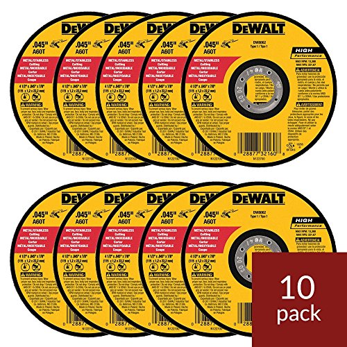 DEWALT - DW8062 - 10,PK DW8062 4-1/2"x.045"x7/8" Metal Angle Grinder Thin Cutoff Wheel, 10 Pack, (Model: DW8062-10,PK)