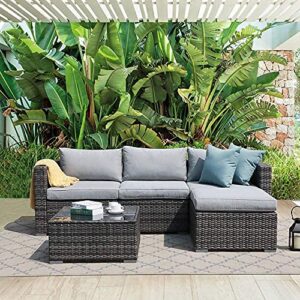 Patiorama 5 Piece Outdoor Patio Furniture Set, Outdoor Sectional Conversation Set, All-Weather Grey PE Wicker w/Light Grey Cushions, Outdoor Backyard Porch Garden Poolside Balcony Furniture Set