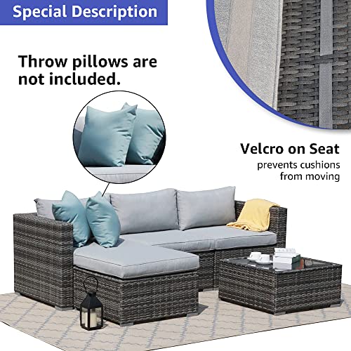 Patiorama 5 Piece Outdoor Patio Furniture Set, Outdoor Sectional Conversation Set, All-Weather Grey PE Wicker w/Light Grey Cushions, Outdoor Backyard Porch Garden Poolside Balcony Furniture Set