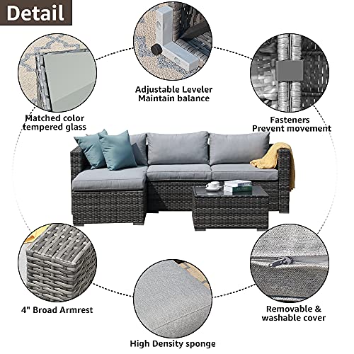 Patiorama 5 Piece Outdoor Patio Furniture Set, Outdoor Sectional Conversation Set, All-Weather Grey PE Wicker w/Light Grey Cushions, Outdoor Backyard Porch Garden Poolside Balcony Furniture Set