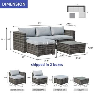 Patiorama 5 Piece Outdoor Patio Furniture Set, Outdoor Sectional Conversation Set, All-Weather Grey PE Wicker w/Light Grey Cushions, Outdoor Backyard Porch Garden Poolside Balcony Furniture Set