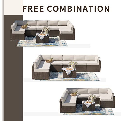 SUNBURY 8-Piece Outdoor Sectional Wicker Sofa in Off White Cushions, Brown Wicker Patio Furniture Set w Glasstop Table for Backyard Garden Porch
