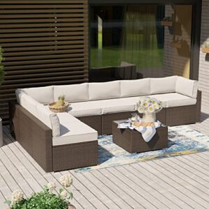 SUNBURY 8-Piece Outdoor Sectional Wicker Sofa in Off White Cushions, Brown Wicker Patio Furniture Set w Glasstop Table for Backyard Garden Porch
