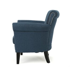 Christopher Knight Home Brice Vintage Scroll Arm Studded Fabric Club Chair, Navy Blue / Dark Brown