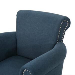 Christopher Knight Home Brice Vintage Scroll Arm Studded Fabric Club Chair, Navy Blue / Dark Brown