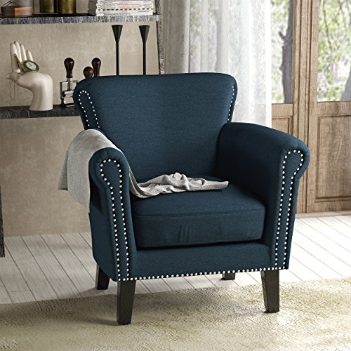 Christopher Knight Home Brice Vintage Scroll Arm Studded Fabric Club Chair, Navy Blue / Dark Brown