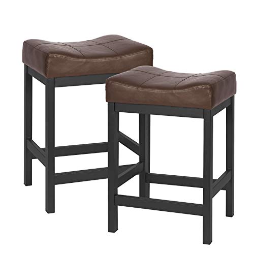 KATDANS Bar Stools Set of 2-Counter Height Stools - 24 Inch Saddle Stool - PU Leather Kitchen Stools - Brown/Black - Metal Base, KS861P-B