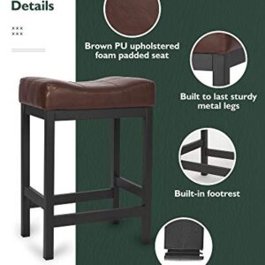 KATDANS Bar Stools Set of 2-Counter Height Stools - 24 Inch Saddle Stool - PU Leather Kitchen Stools - Brown/Black - Metal Base, KS861P-B