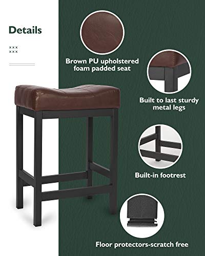 KATDANS Bar Stools Set of 2-Counter Height Stools - 24 Inch Saddle Stool - PU Leather Kitchen Stools - Brown/Black - Metal Base, KS861P-B