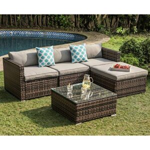 cosiest 5-piece outdoor furniture all-weather mottlewood brown wicker sectional sofa w warm gray thick cushions, glass-top coffee table, 2 teal pattern pillows for garden, patio