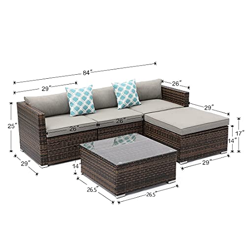 COSIEST 5-Piece Outdoor Furniture All-Weather Mottlewood Brown Wicker Sectional Sofa w Warm Gray Thick Cushions, Glass-Top Coffee Table, 2 Teal Pattern Pillows for Garden, Patio