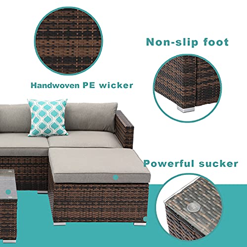 COSIEST 5-Piece Outdoor Furniture All-Weather Mottlewood Brown Wicker Sectional Sofa w Warm Gray Thick Cushions, Glass-Top Coffee Table, 2 Teal Pattern Pillows for Garden, Patio