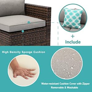 COSIEST 5-Piece Outdoor Furniture All-Weather Mottlewood Brown Wicker Sectional Sofa w Warm Gray Thick Cushions, Glass-Top Coffee Table, 2 Teal Pattern Pillows for Garden, Patio