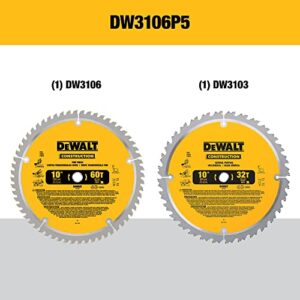 DEWALT 10-Inch Miter / Table Saw Blades, 60-Tooth Crosscutting & 32-Tooth General Purpose, Combo Pack (DW3106P5)