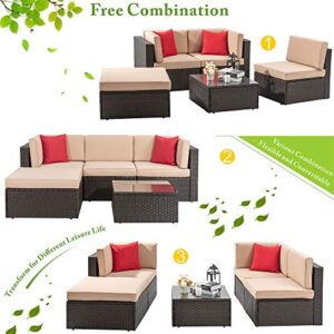 Vongrasig 5 Piece Patio Furniture Sets, All-Weather Brown PE Wicker Outdoor Couch Sectional Patio Set, Small Patio Conversation Set Garden Patio Sofa Set w/Ottoman, Glass Table, Red Pillow, Beige