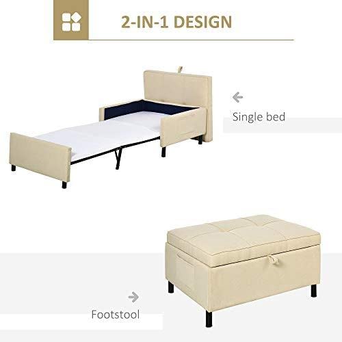 HOMCOM 2-in-1 Design Convertible Single Sofa Bed with Side Pocket and Metal Frame Couch for Living Room, Beige