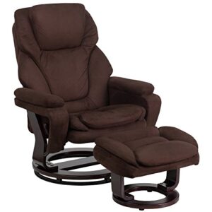 flash furniture contemporary multi-position recliner and ottoman with swivel mahogany wood base in brown microfiber