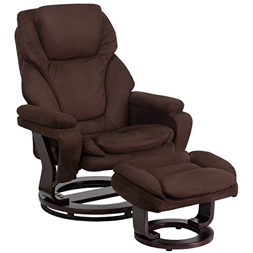 Flash Furniture Contemporary Multi-Position Recliner and Ottoman with Swivel Mahogany Wood Base in Brown Microfiber