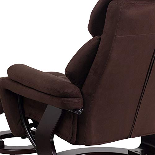 Flash Furniture Contemporary Multi-Position Recliner and Ottoman with Swivel Mahogany Wood Base in Brown Microfiber