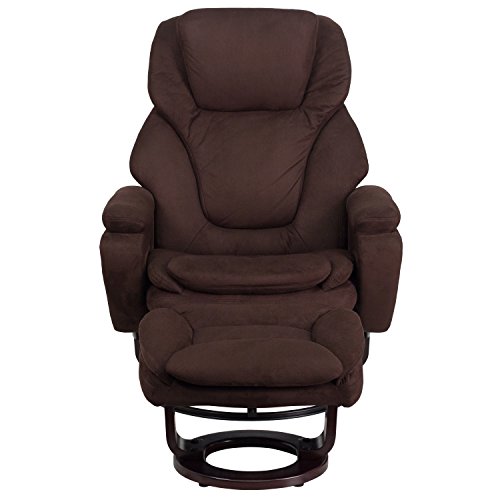 Flash Furniture Contemporary Multi-Position Recliner and Ottoman with Swivel Mahogany Wood Base in Brown Microfiber