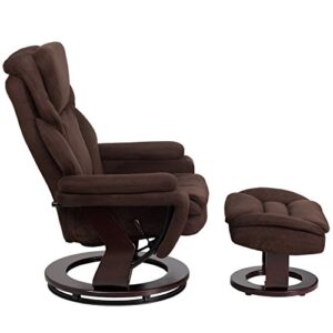 Flash Furniture Contemporary Multi-Position Recliner and Ottoman with Swivel Mahogany Wood Base in Brown Microfiber