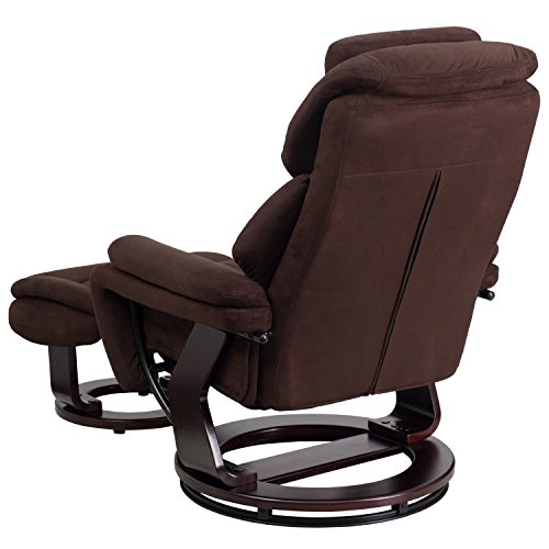 Flash Furniture Contemporary Multi-Position Recliner and Ottoman with Swivel Mahogany Wood Base in Brown Microfiber