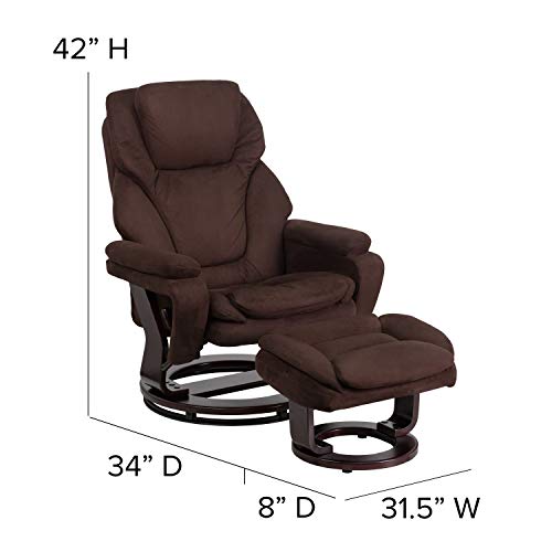 Flash Furniture Contemporary Multi-Position Recliner and Ottoman with Swivel Mahogany Wood Base in Brown Microfiber